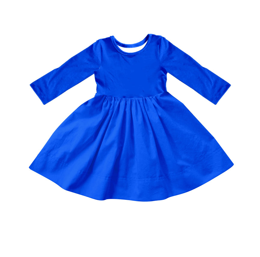 Custom moq 5 Girls Blank Cotton Long Sleeve Dress Royal Blue Long Sleeve Dress