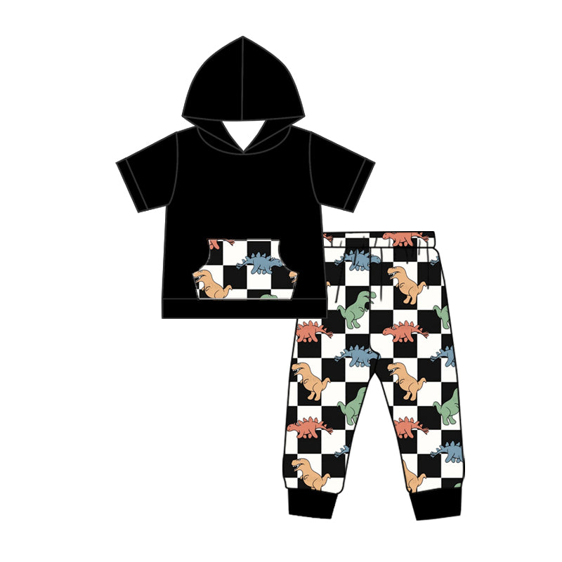 10.18 custom each style moq 5eta 4-6week baby boys clothes dinosaur black hooded short sleeve pants sets
