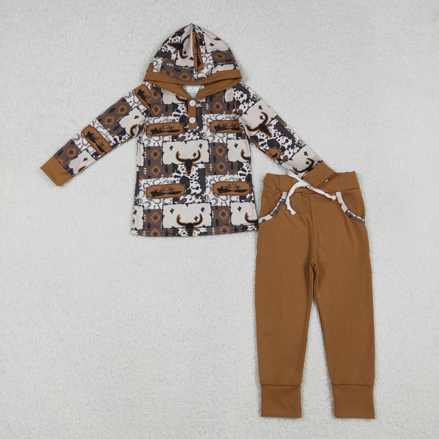 RTS NO MOQ(In Stock) BLP1238 Alpine Bull Head Geometric Buttoned Hooded Long-Sleeved Brown Pants Set