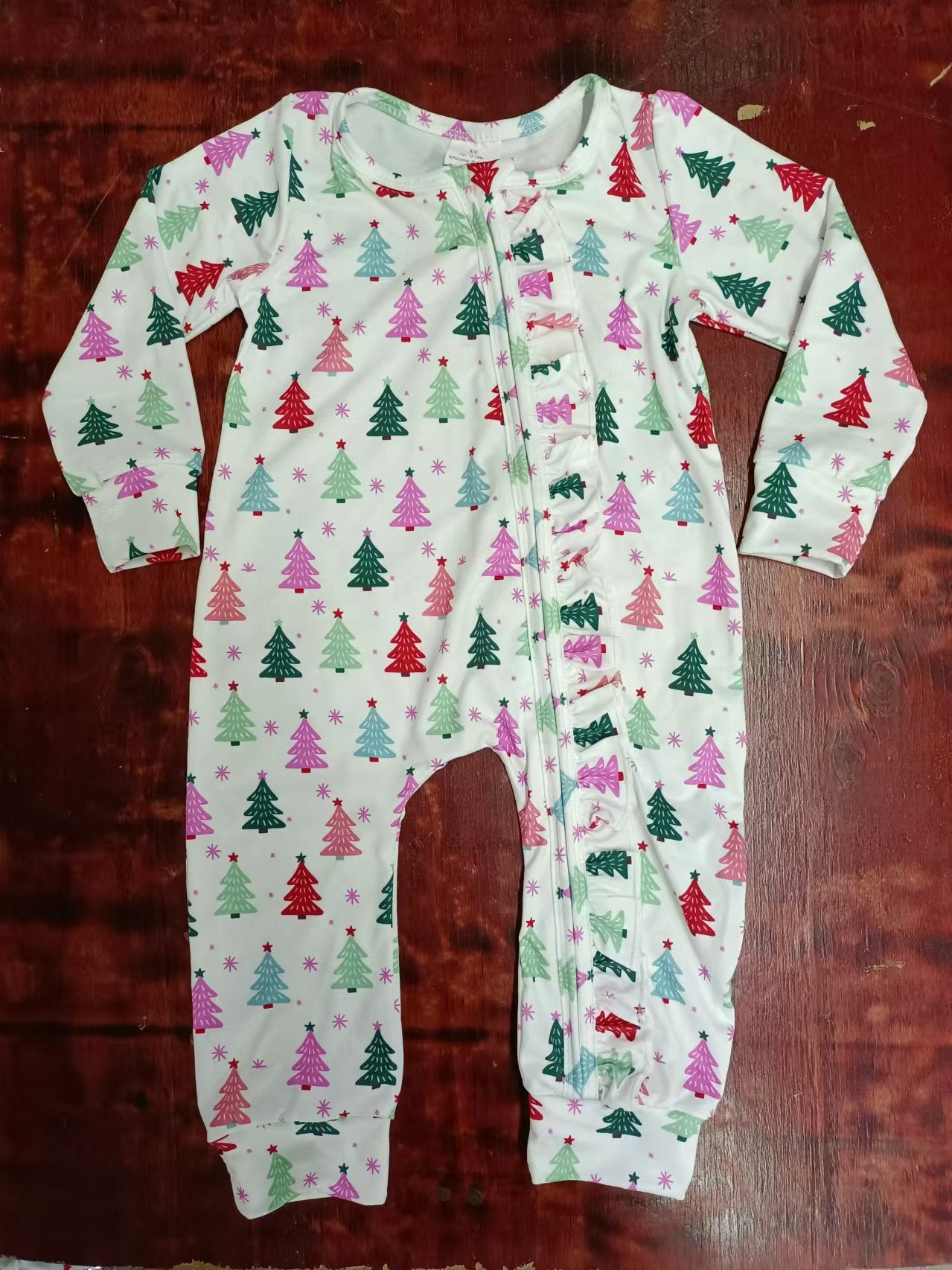 Custom moq 3 eta 6-7weeks Colorful Christmas Tree White Long Zipper Romper