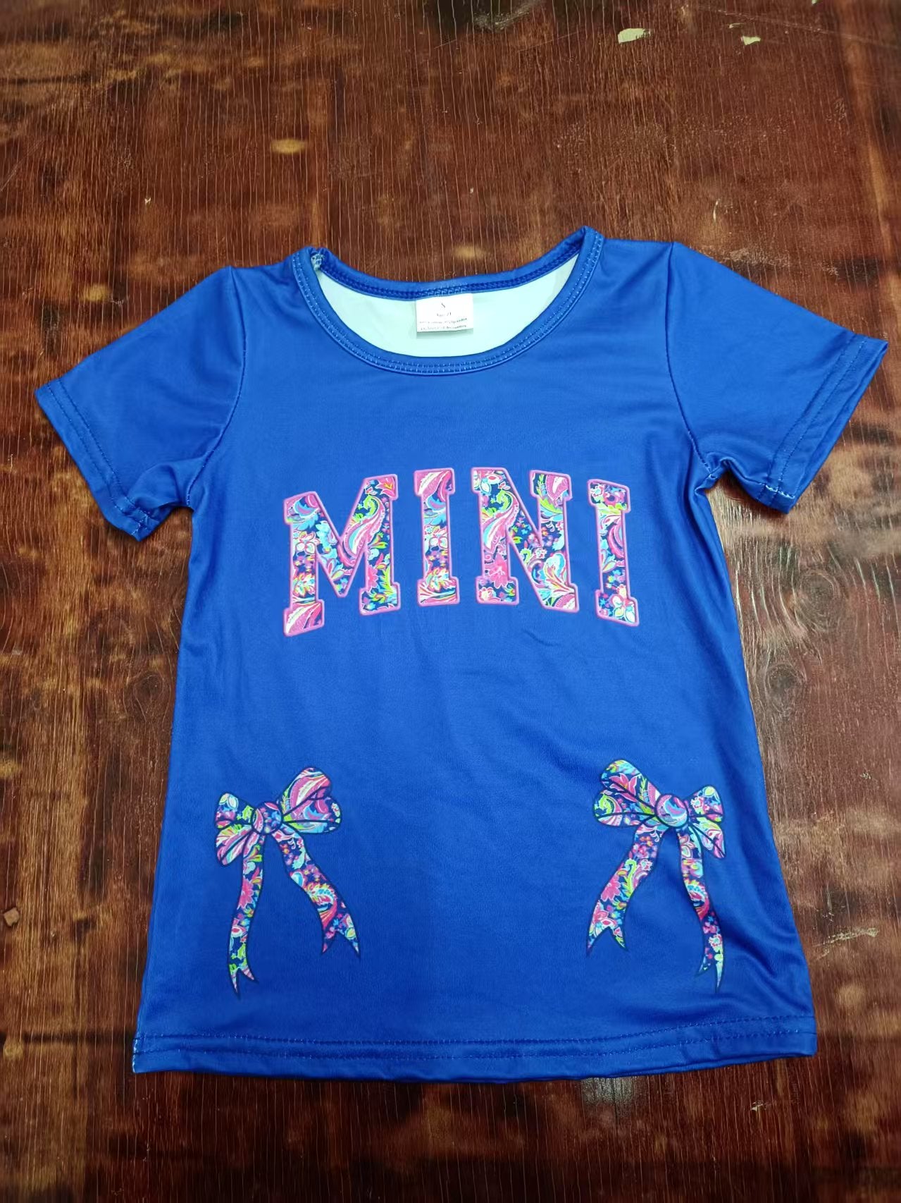 Custom moq 3 eta 6-7weeks baby girl clothes MINI bow blue short sleeve shirt