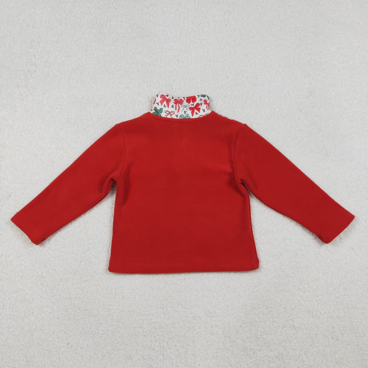 RTS NO MOQ(In Stock) fleece GT1150 Red and Green Bow Pattern Plush Zippered Long-Sleeved Top