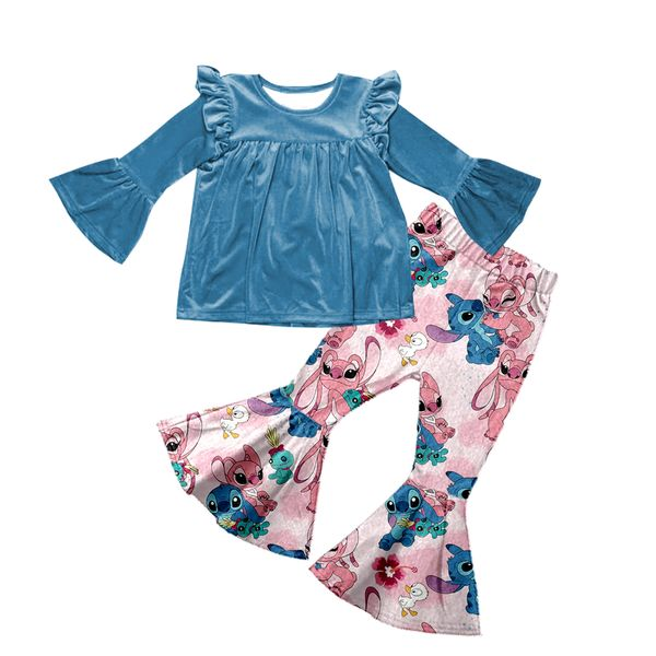 Deadline November 22 custom no moq eta 6-8weeks Baby Girls Lake Blue Velvet Bell Sleeve Long Sleeve Top Pink Bell Pants Set