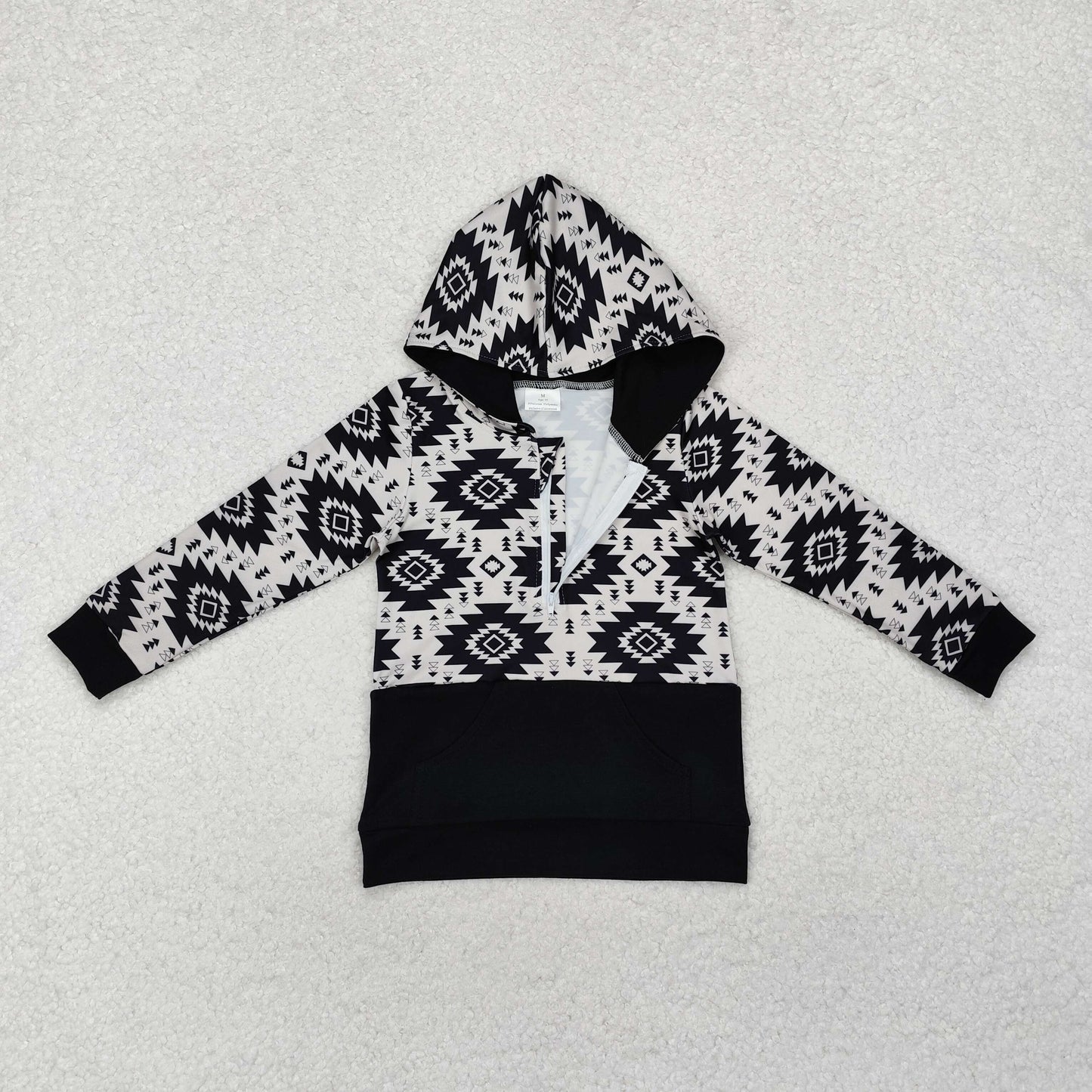 RTS NO MOQ(In Stock) BT0907 Geometric Black Zipper Pocket Hooded Long Sleeve Top