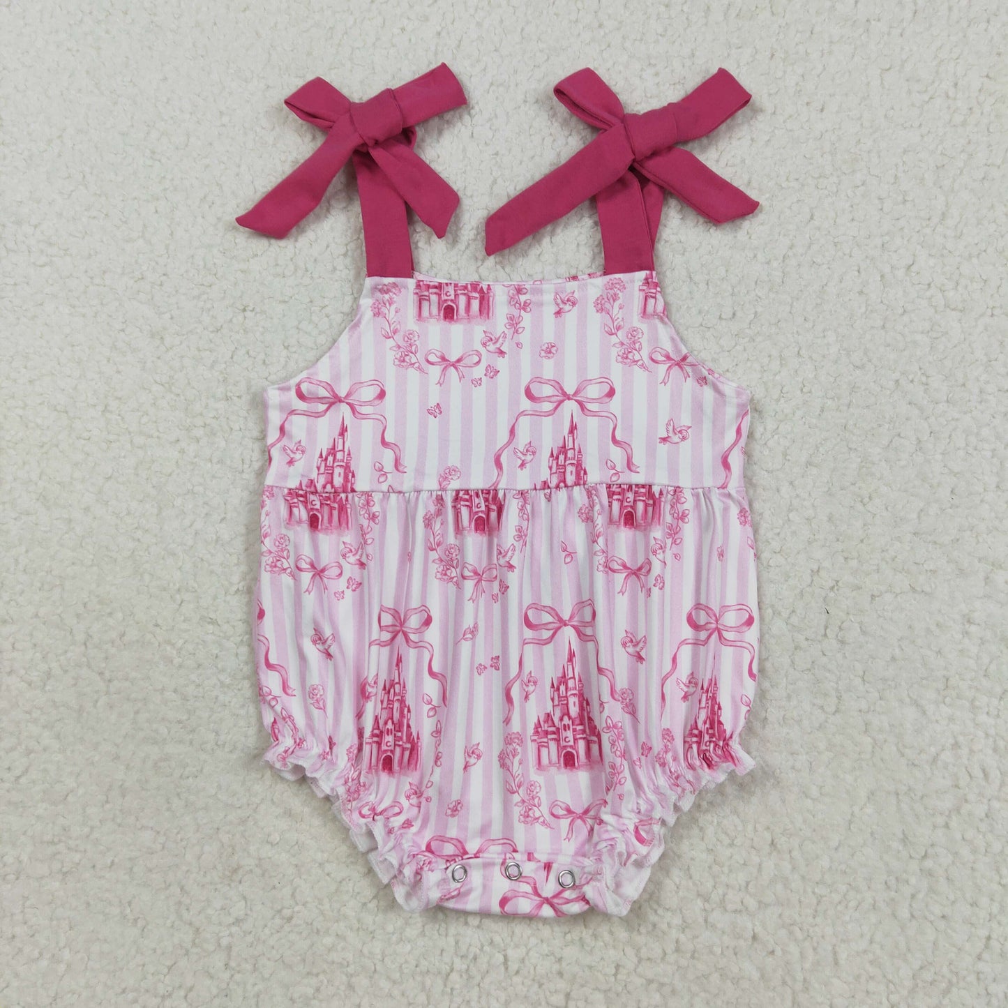 RTS NO MOQ(In Stock) SR3077 Castle bow flowers pink white vertical striped suspender vest jumpsuit