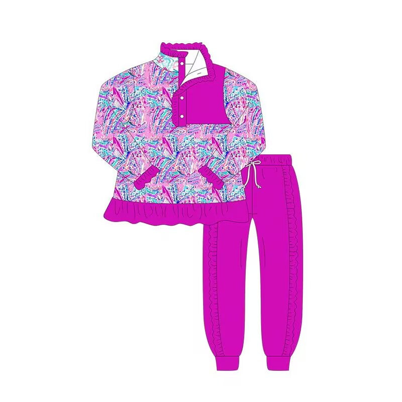 baby girl clothes Patterned long-sleeved top dark purple pants suit
