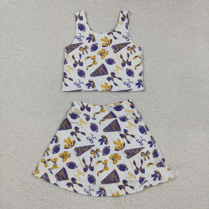 RTS NO MOQ Sibling baby girl clothes team cheer skirt yoga sets and dress