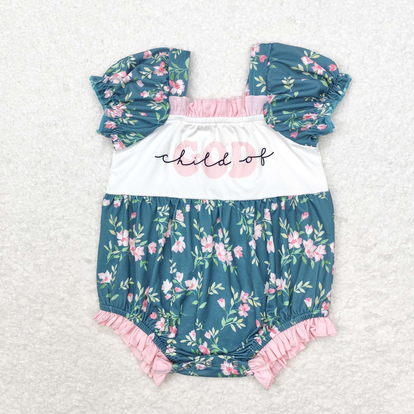 RTS NO MOQ(In Stock) SR1940 child of god flower green short-sleeved jumpsuit
