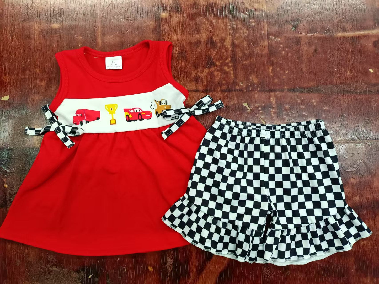 Custom moq 3 eta 6-7weeks baby girls clothes cars red sleeveless shorts sets-25.4.30
