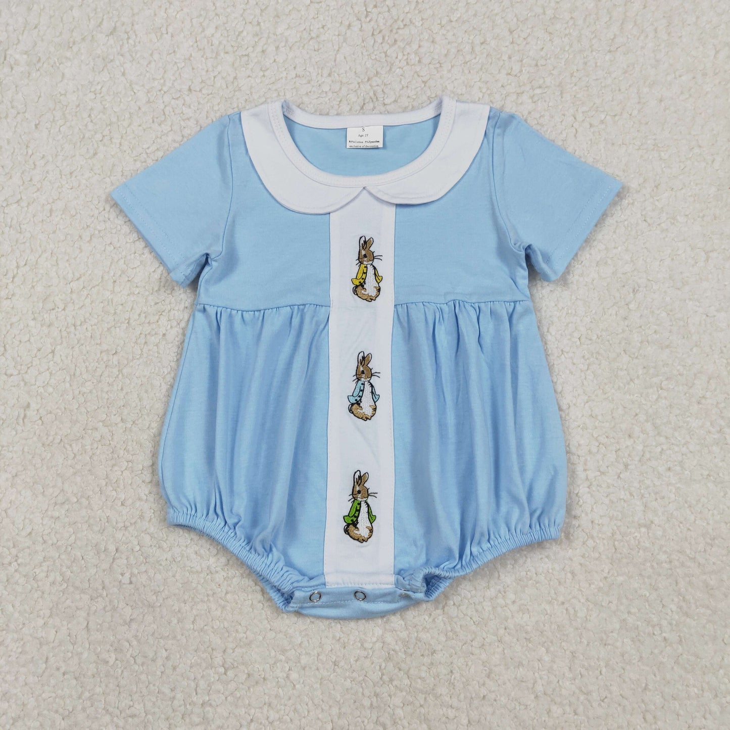 RTS NO MOQ(In Stock ) SR3383 Embroidered Easter Bunny Peter Pan Collar Blue Short-Sleeve Onesie