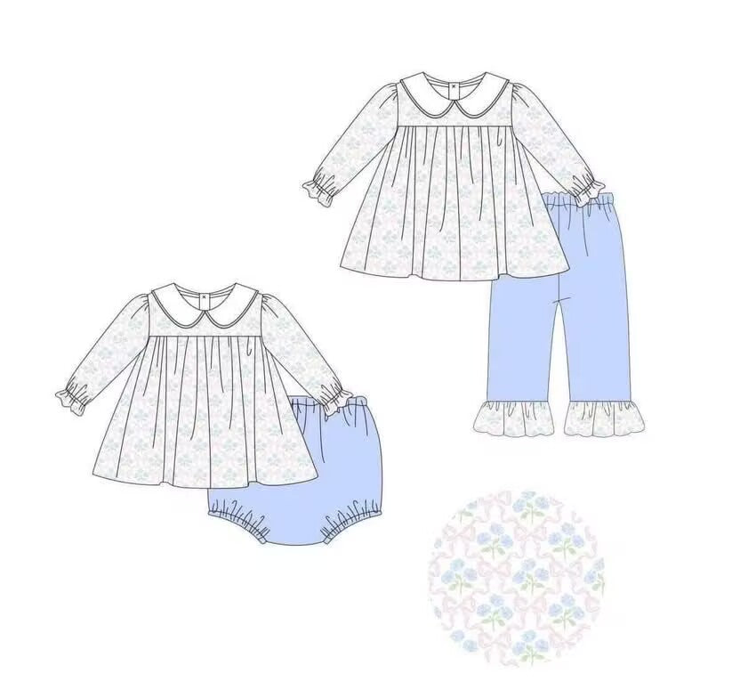 Custom moq 5 each style eta 6-7weeks baby girl clothes blue bow floral long sleeve pants set and briefs sets-25.8.28
