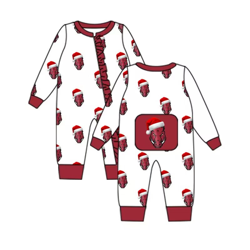 Custom moq 5 eta 6-8weeks baby girls clothes team Christmas brick red long sleeve girls romper
