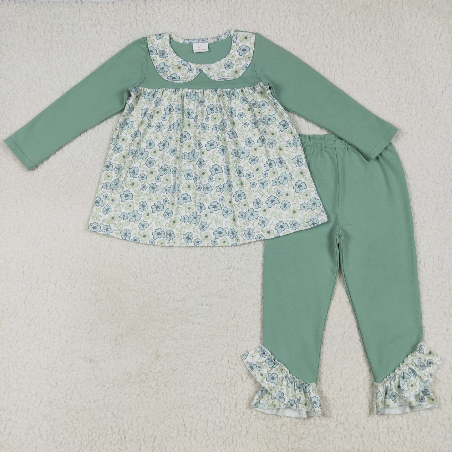 RTS NO MOQ(In Stock ) GLP2407 Flower doll collar blue-green long-sleeved trousers suit
