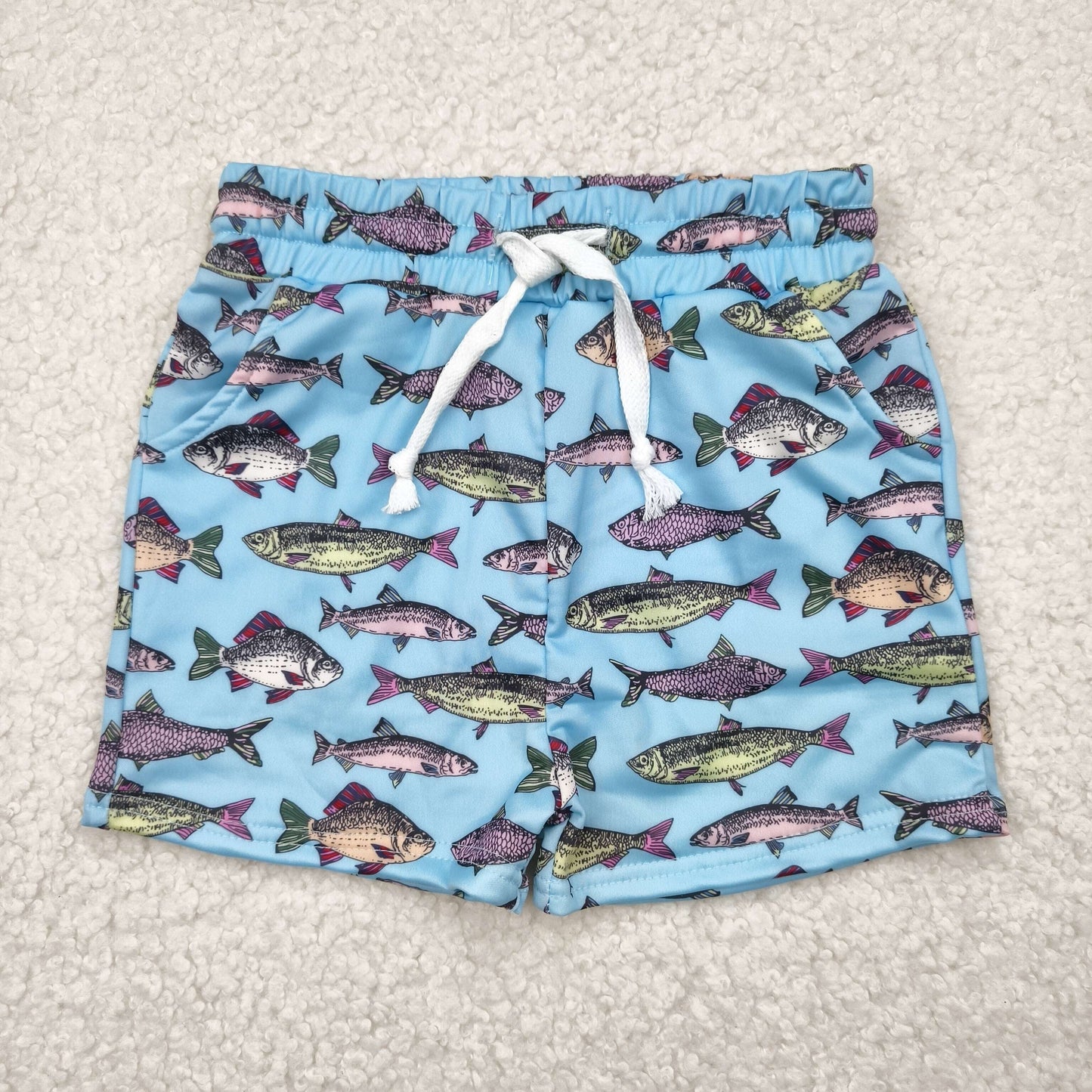 RTS NO MOQ(In Stock) Blue swimming trunks with fish pattern