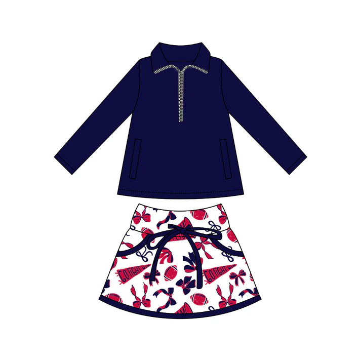 Custom moq 5 each style eta 6-7weeks baby girl clothes team navy blue long sleeve skirt sets-25.8.4
