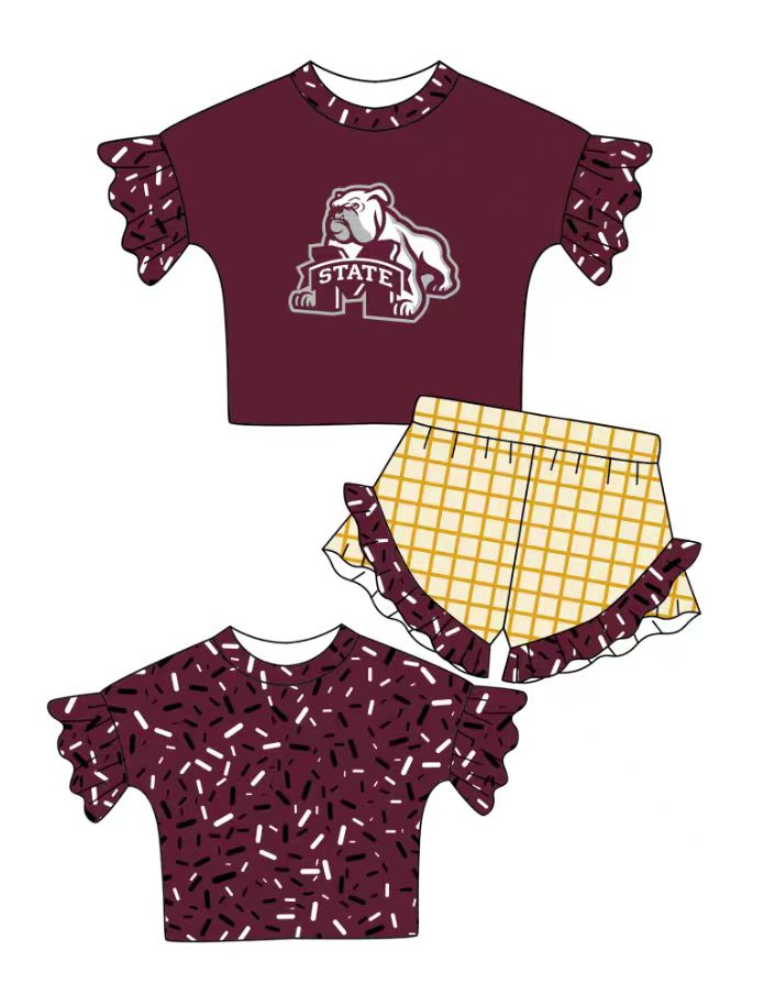Custom moq 5 mix size milk silk summer teams baby girl clothes dark red short sleeve shorts sets