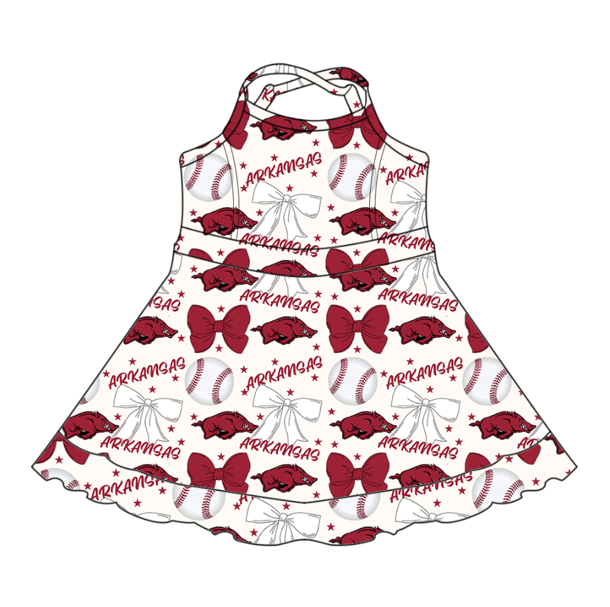 Custom moq 5 mix sizes summer teams baby girls clothes team baseball bow brick red short sleeve dress-25.6.13
