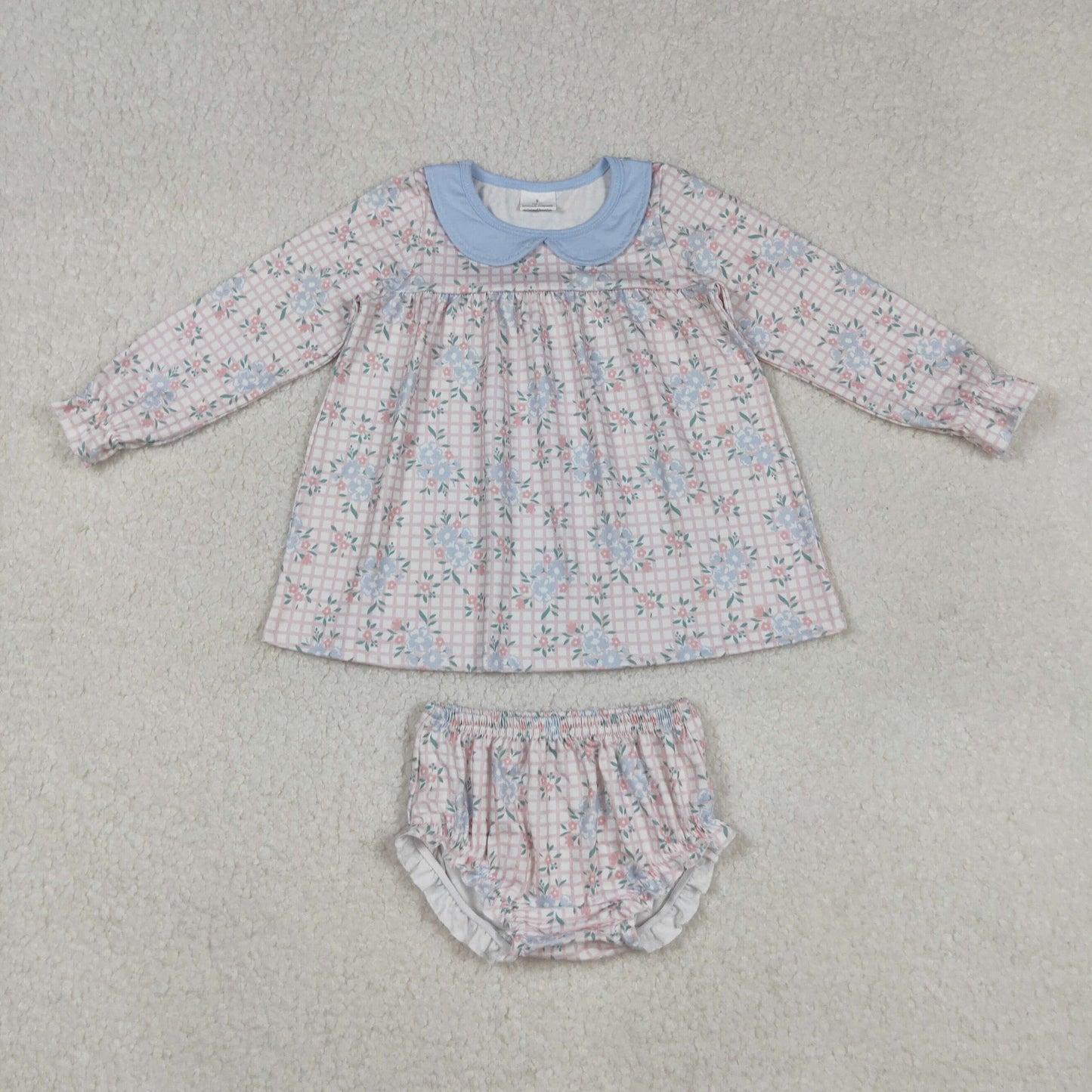 RTS NO MOQ(In Stock) GBO0466 Blue flower and leaf pink plaid doll collar long-sleeved briefs set