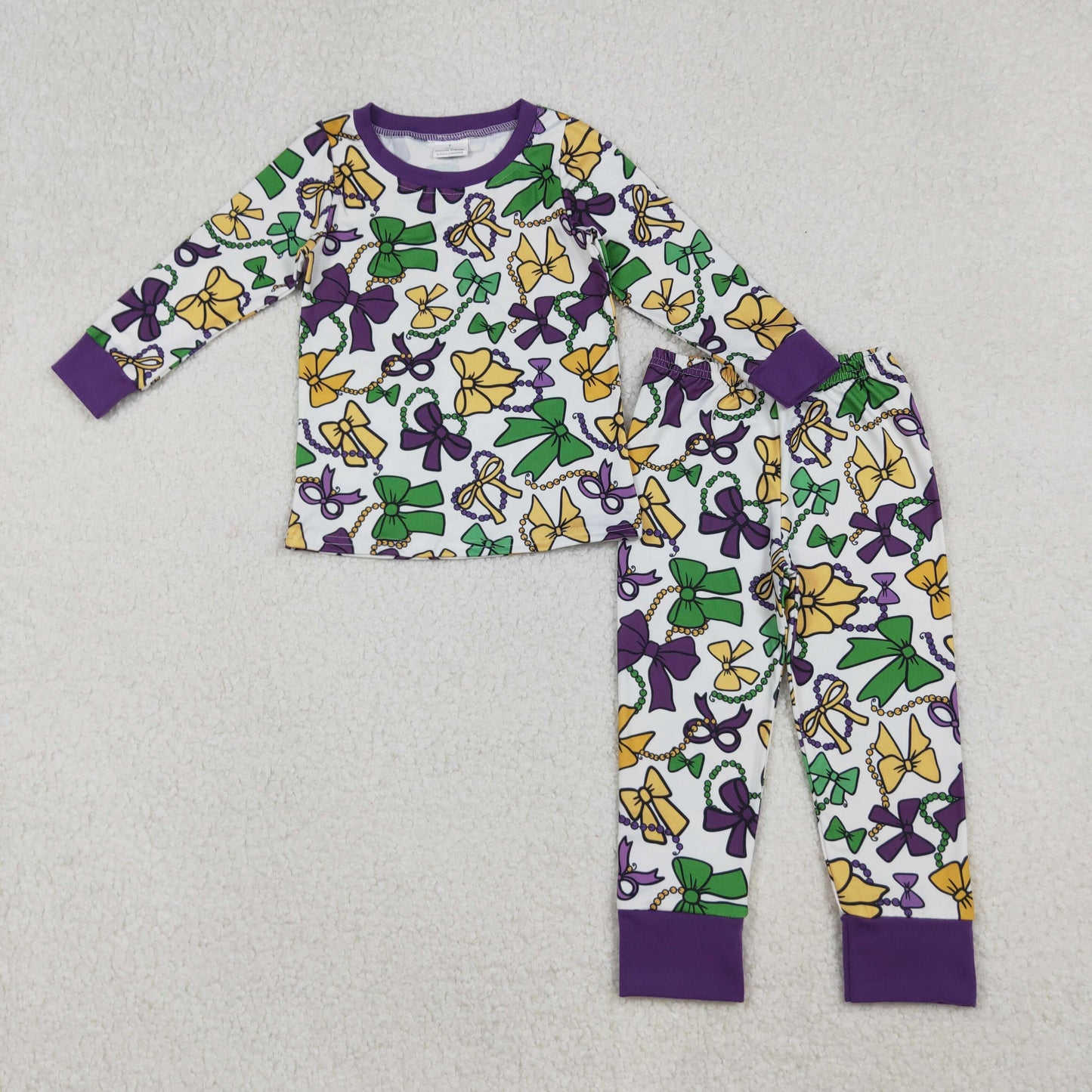 RTS NO MOQ(In Stock) 12/18m-7/8t GLP2872 Mardi Gras Bow Necklace Purple-White Long Sleeve Trouser Pajama Set
