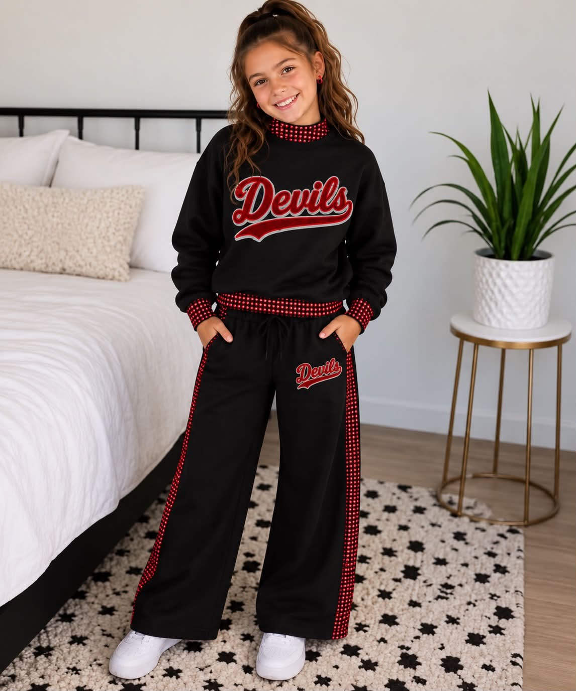 custom moq 5 mix size LIBBYBS0101 Adult To Match Kids Black Long Sleeve Red Check Trim Mock Neck Top Pant Outfit