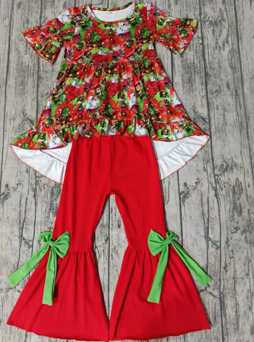 Custom moq 3 eta 6-7weeks Red Christmas Tree Lace Short Sleeve-Bell Pants Set