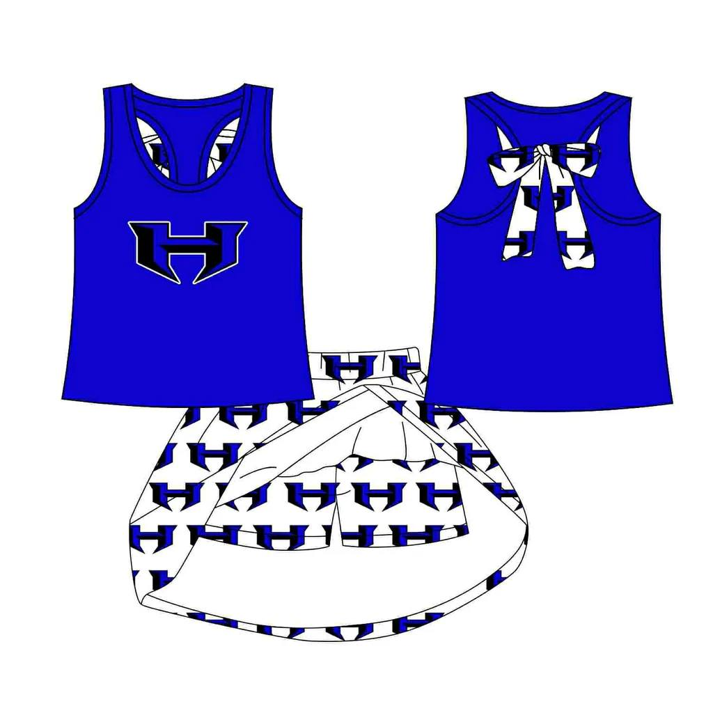 Custom moq 5 each style eta 6-7weeks baby girl clothes team blue sleeveless skirt sets-25.8.21