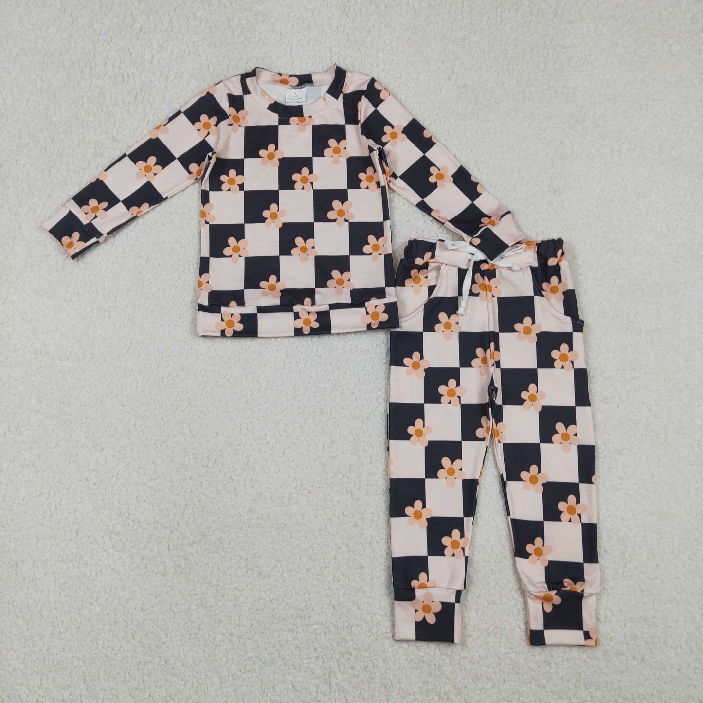 RTS NO MOQ(In Stock) GLP2803 Black Plaid Long-Sleeved Floral Pantsuit