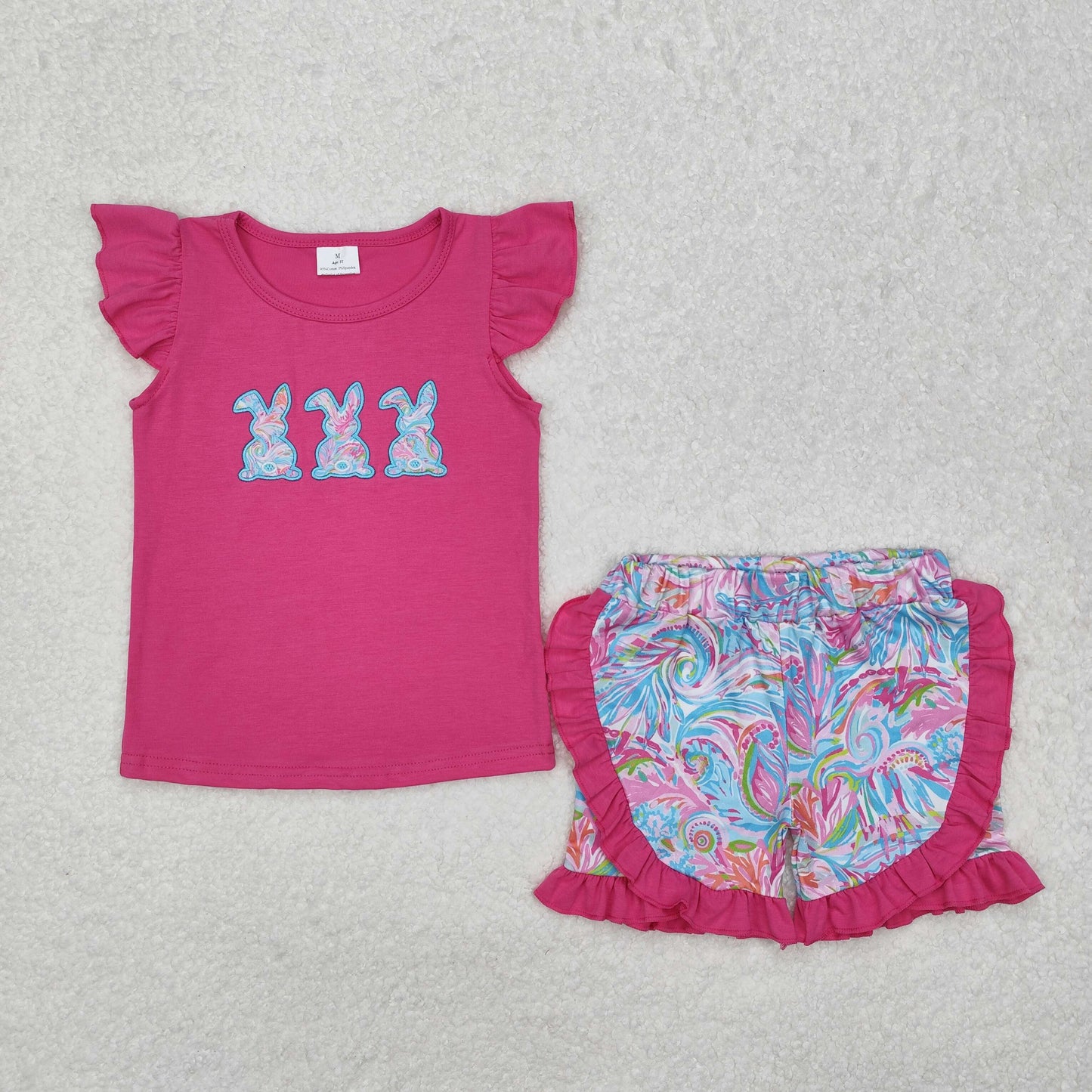 RRTS NO MOQ(In Stock) Embroidered Seaweed Pattern Bunny Rose Red Flying Sleeve Shorts Set