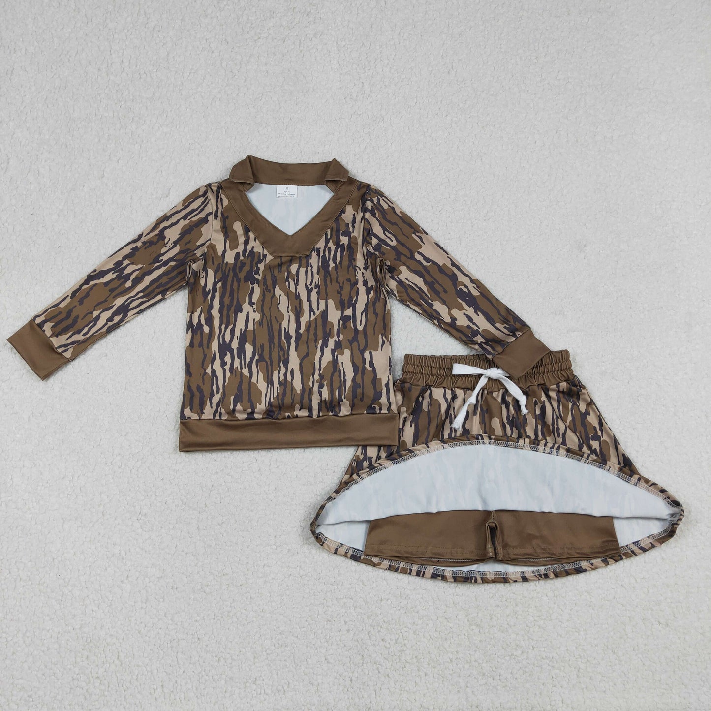 RTS NO MOQ(In Stock) Army Green Camouflage Long-Sleeve Skirt Set