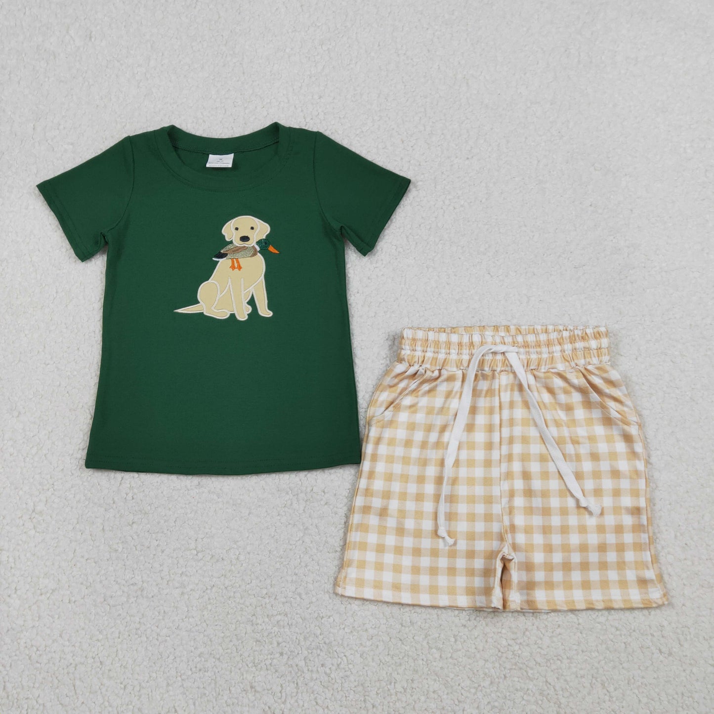 RTS NO MOQ(In Stock) BSSO1636 Embroidered Puppy and Duck Green Short-Sleeve Set with Light Brown Plaid Shorts