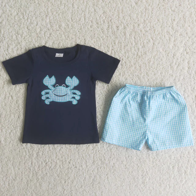 A16-14 Baby boys Navy crab lattice outfits