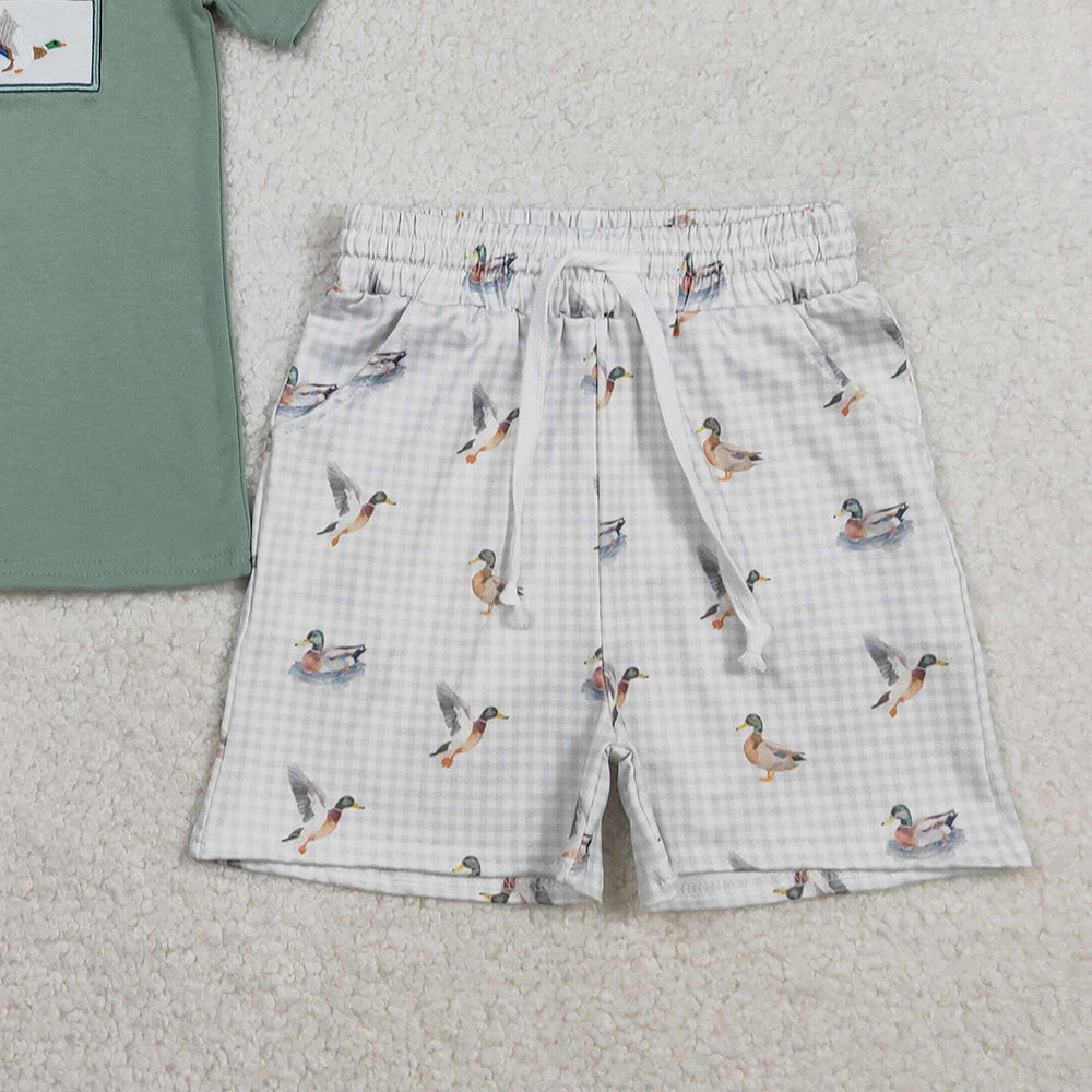 RTS NO MOQ BSSO1639 Baby Boys Checked Hunting Clothes Sets with Embroidery Ducks Top And Shorts with Pockets for Kids
