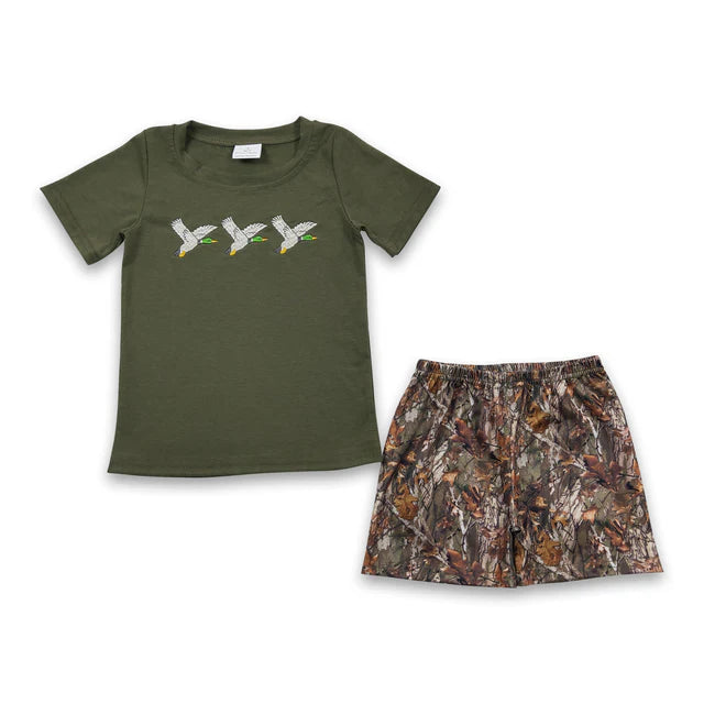 RTS NO MOQ Sibling Baby Boys Khaki Camo Duck Shirt Top Shorts Clothes Sets