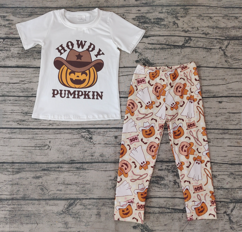 BSPO0130 Boys White Short Sleeve Boo Denim Ghost Pumpkin Pant Set