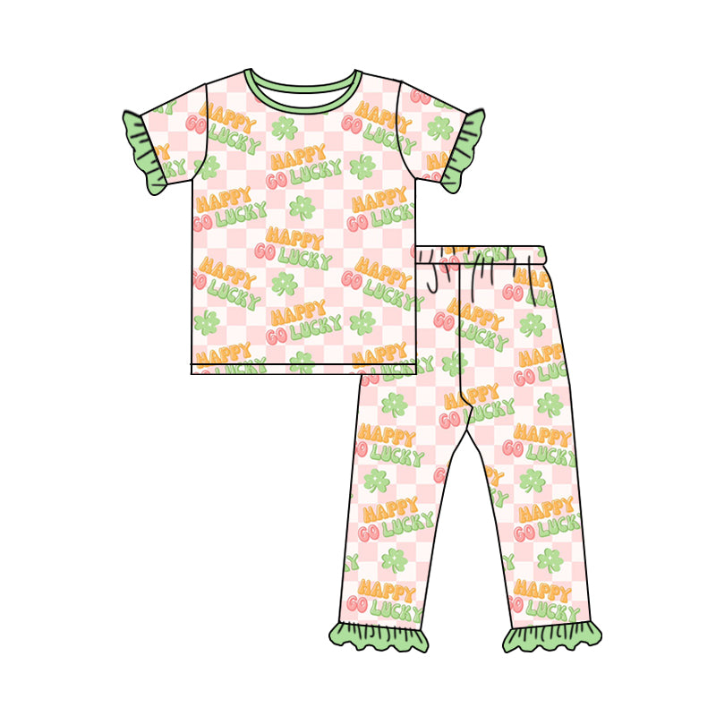 custom girls short sleeve long pants lucky print moq 5