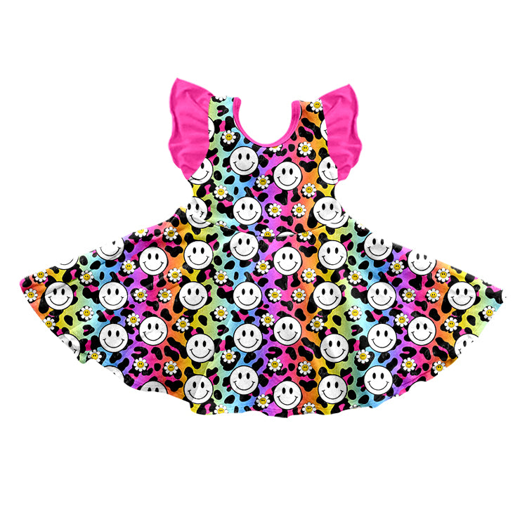 custom girls flying sleeve dress smile print moq 5