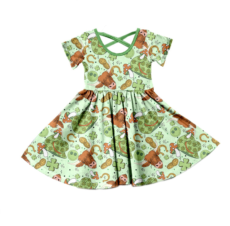 custom moq 3 mix size Valentine's Day western cowboy girl dresses pink color kids clothing cowboy hat cow head clover green color girls dresses