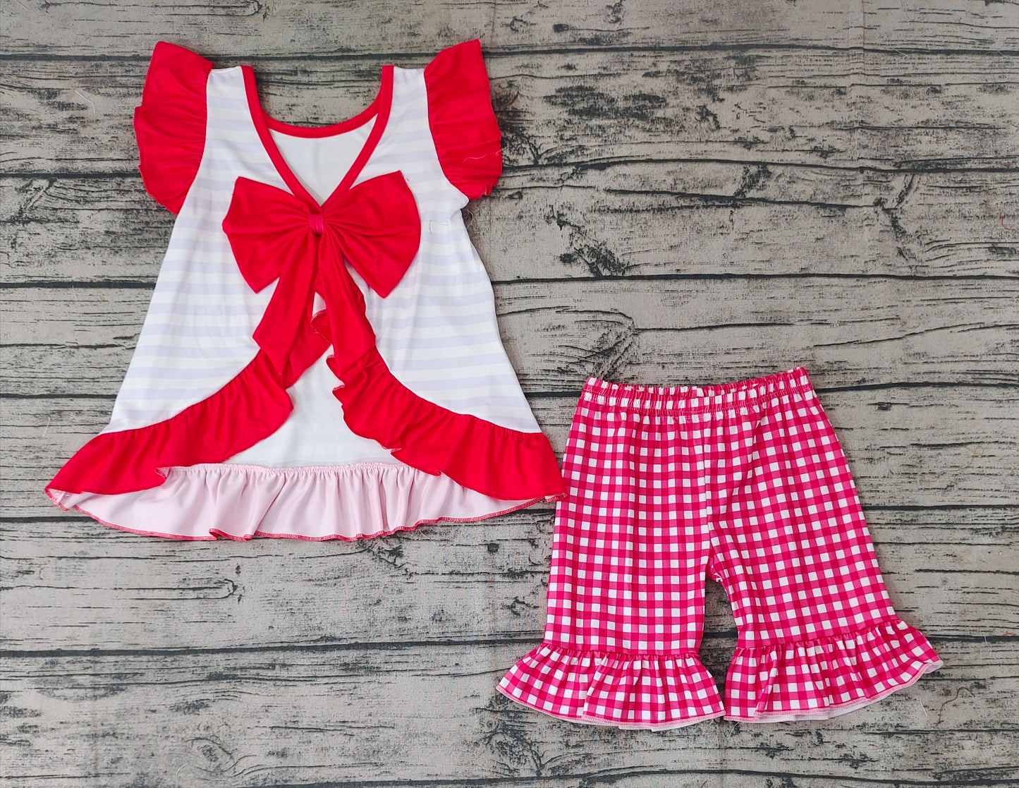 GSSO0455 Crayfish corn striped bow flying sleeve red and white plaid shorts suit