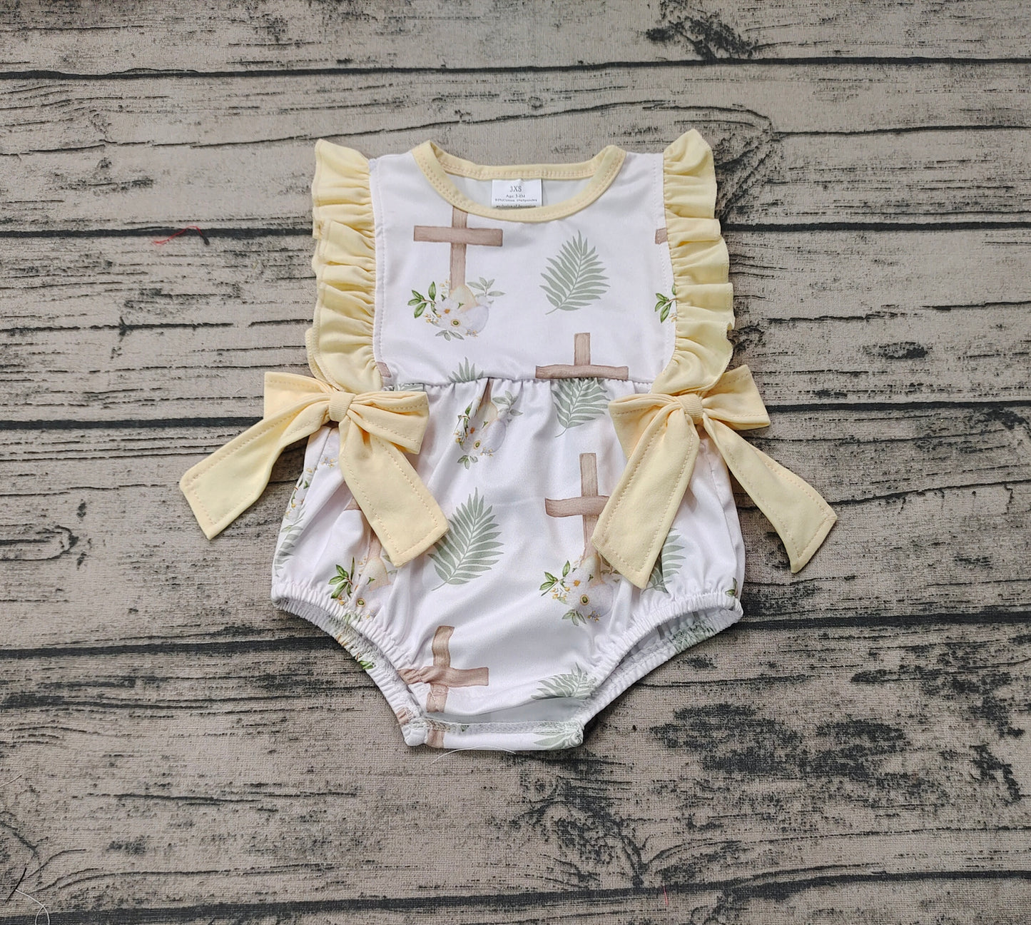 SR0619 Cross flowers leaves yellow lace bow white sleeveless jumpsuit