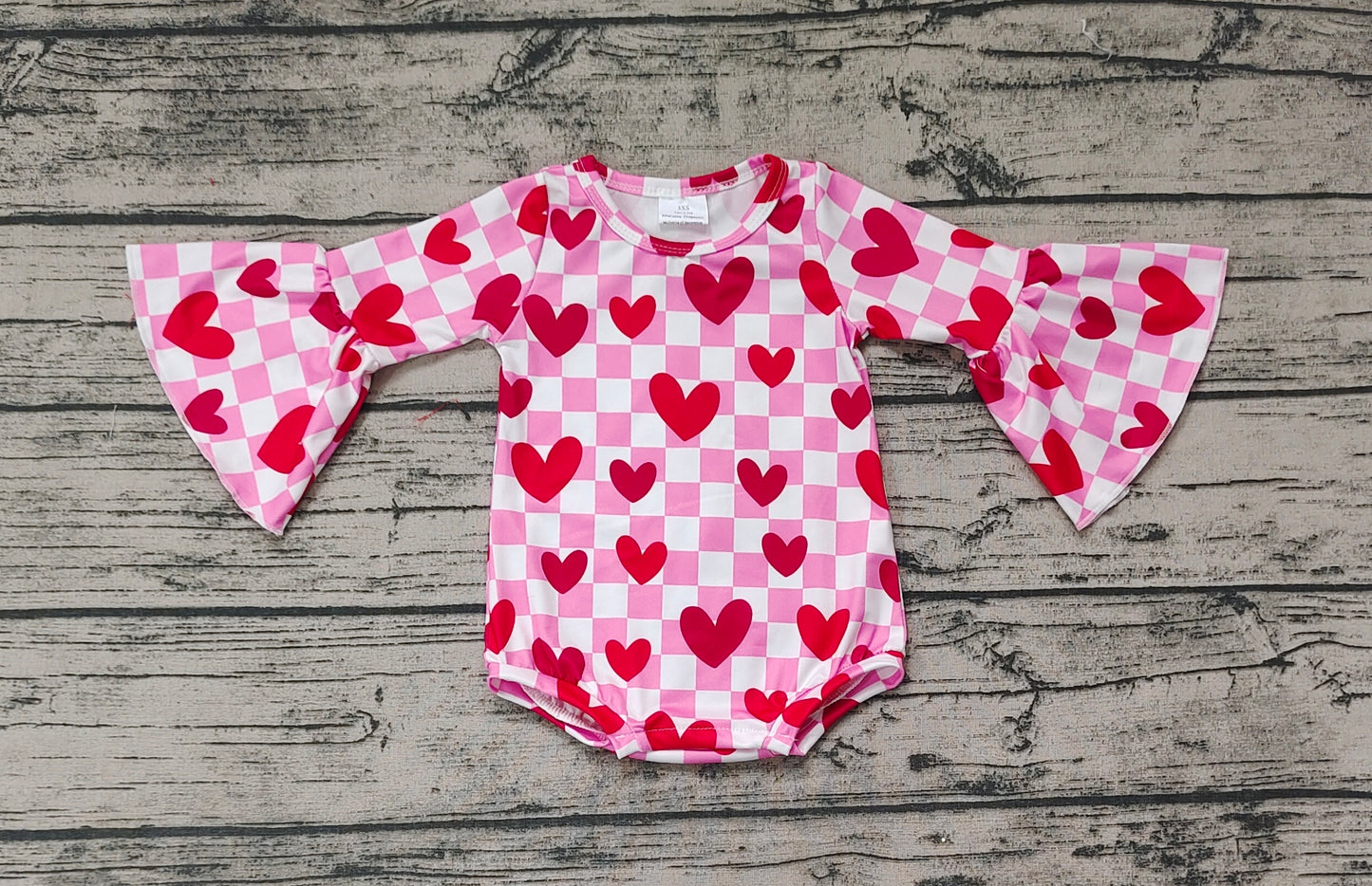 LR0865 Red love heart pink and white plaid long-sleeved jumpsuit