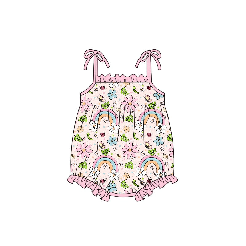 Girls rainbow flower suspender romper