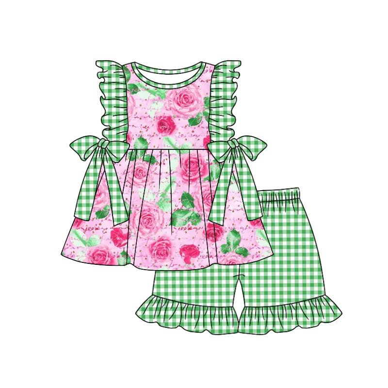 Girls roes red flower fly sleeve green grid shorts summer set