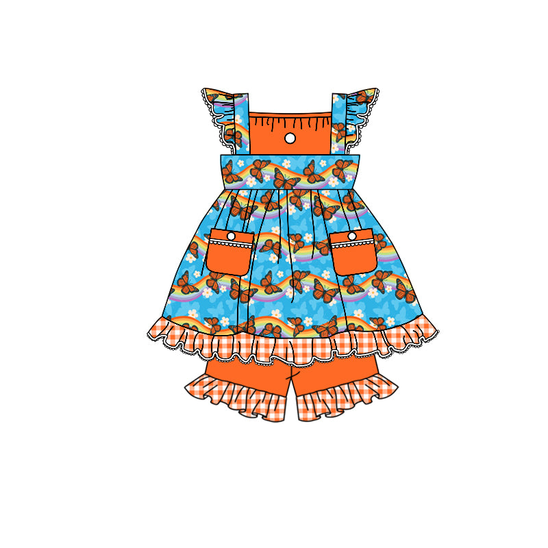 Girls rainbow butterfly flying sleeve shorts summer set