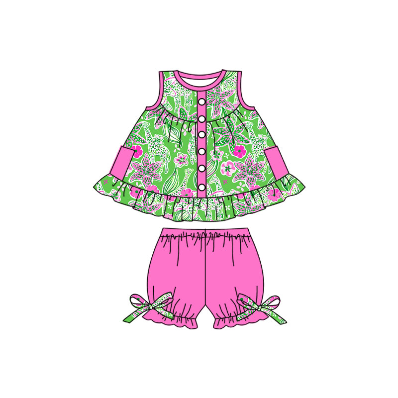 sleeveless purple flower shorts summer suit