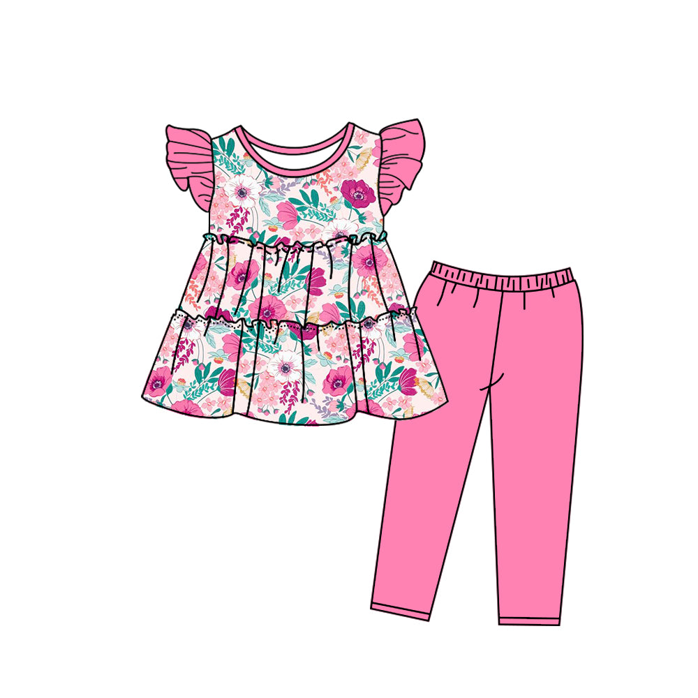 girls flower dark pink flying sleeve pants suit