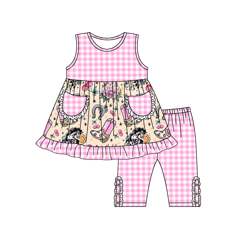 Girls flower grid sleeveless pants suit