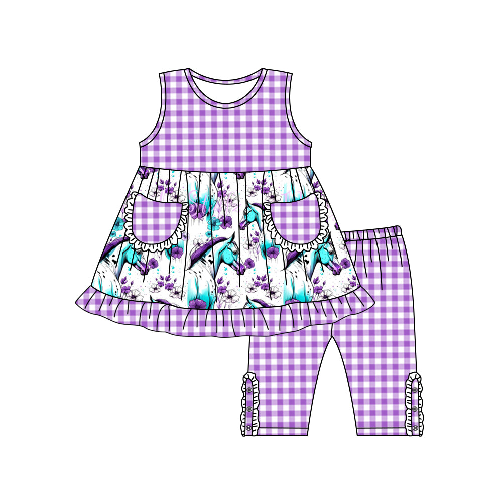 Girls purple flower grid sleeveless pants suit