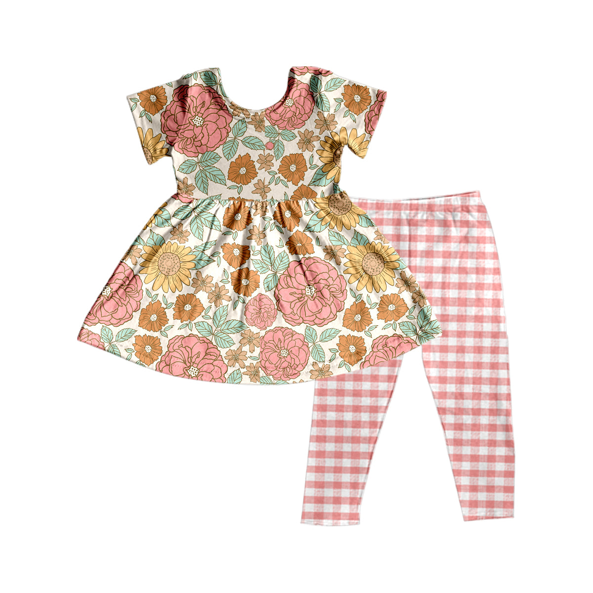 Girls flower grid short sleeve pants suit