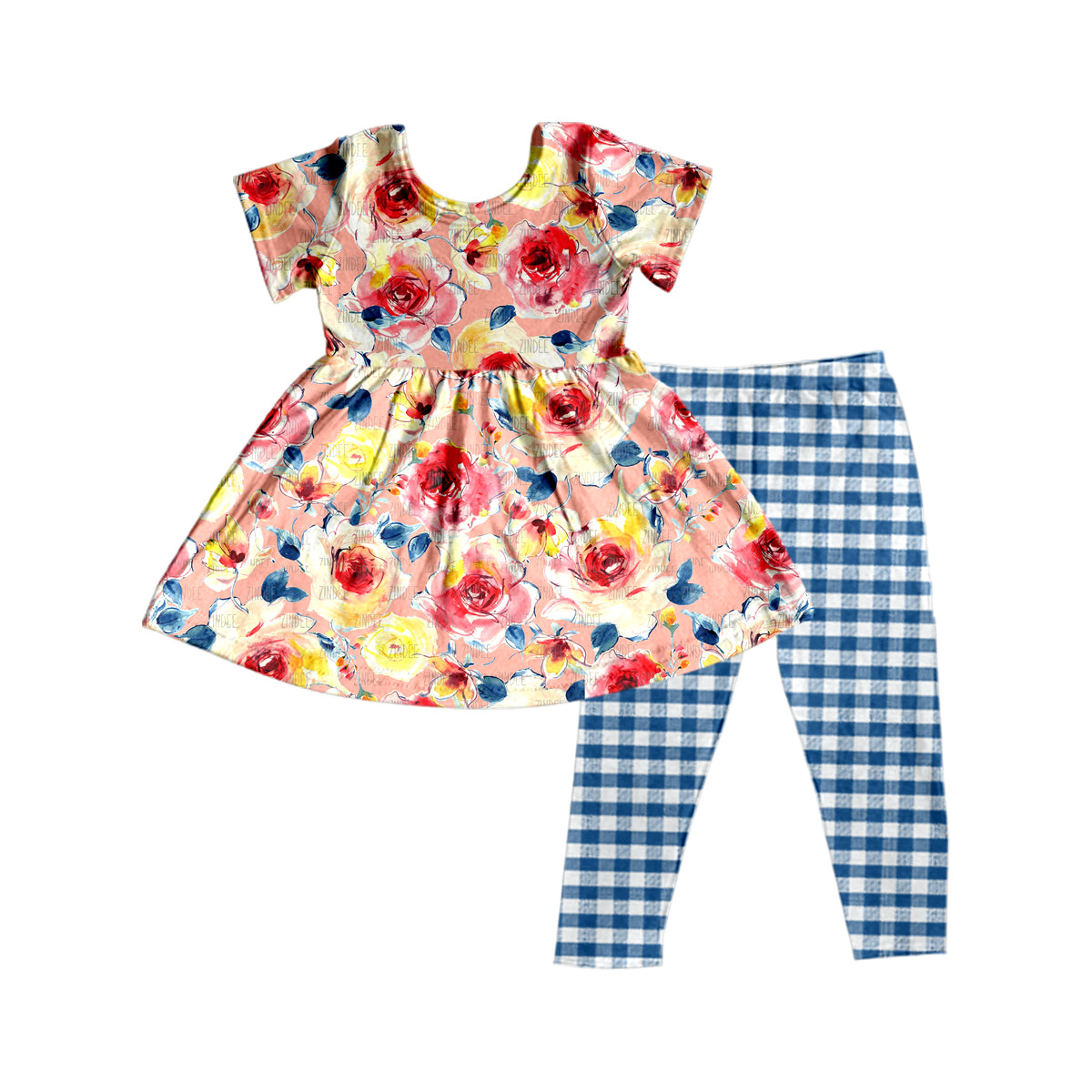 Girls flower short sleeve grid pants suit \