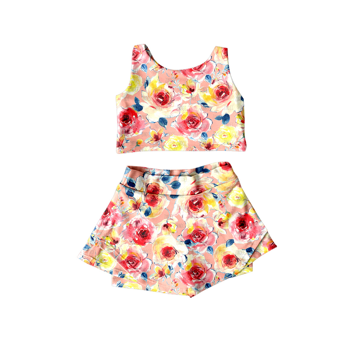 red Floral sleeveless culottes suit